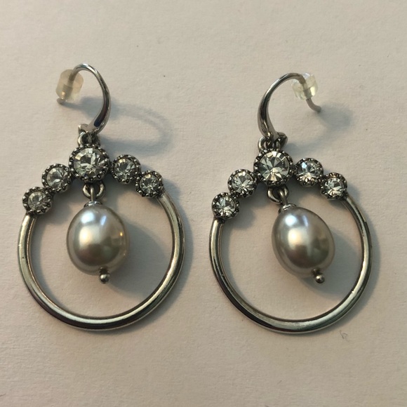 Monet Jewelry - Monet Earrings Crystal Hoops and Dangling Faux Pearl Silver Tone